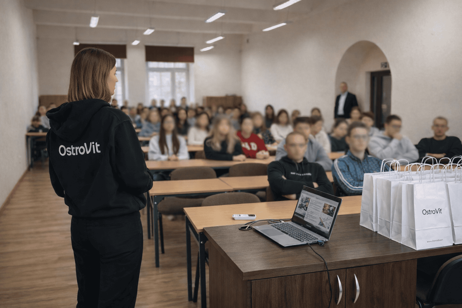 Sala z młodzieżą w trakcie spotkania w sprawie praktyk w OstroVit